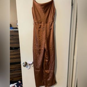 NWT Sincerely Jules Spaghetti Strap Satin Jumpsuit in Brown, Size XS